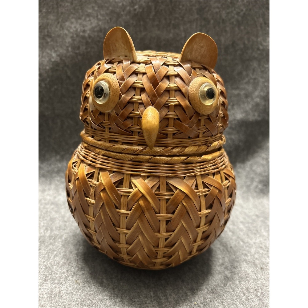 Vintage Mid Century Woven Wood Wicker OWL Lidded‎ Basket Storage Trinket Box 8"